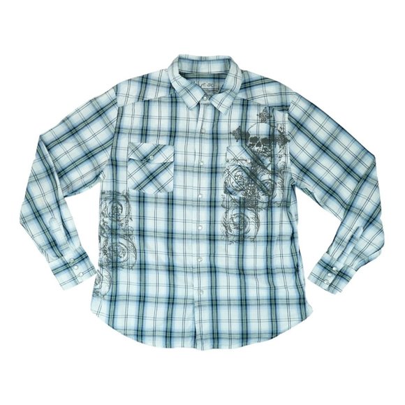 Blue Sol Shirt Mens Large Plaid Western Pearl Snap Rodeo Floral Skulls - Picture 1 of 6